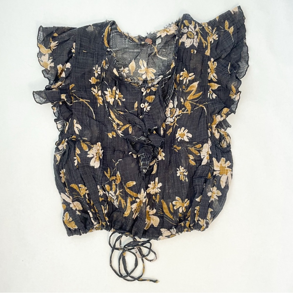 Free People Black and Tan Naya Floral Ruffle Flutter Sleeve Blouse Size M
